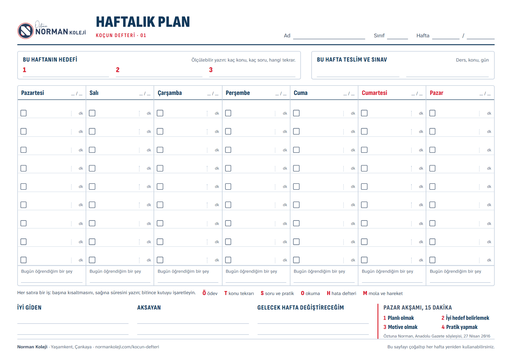 Haftalık plan sayfası önizlemesi